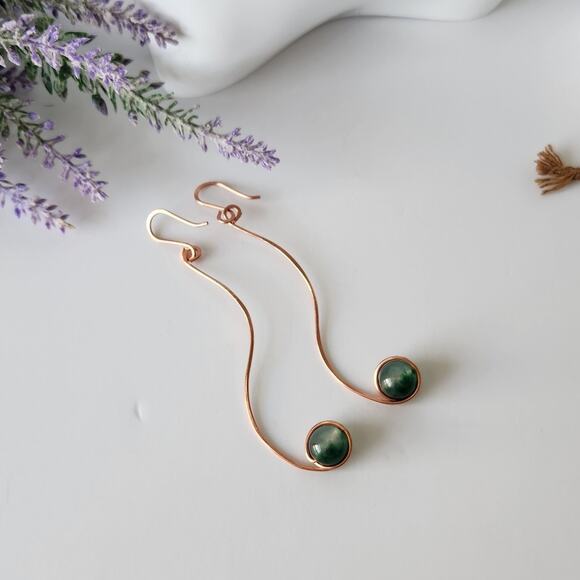 Handmade Copper Wire Wrapped Natural Green Jade Earrings - Elegant, Minimalist - Picture 5 of 8